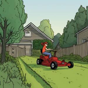 woman riding red lawn mower. Cartoon style image