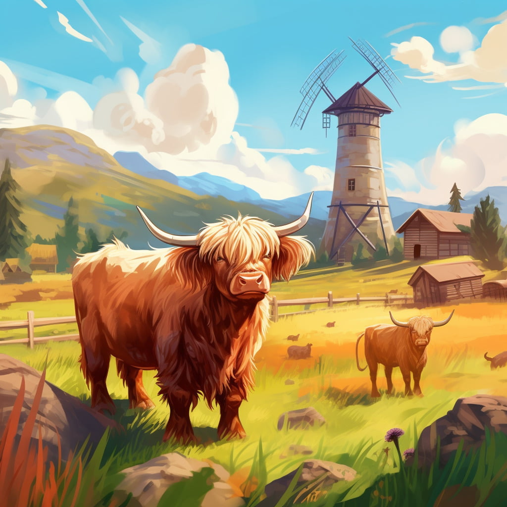 field with windmill and highland cattle