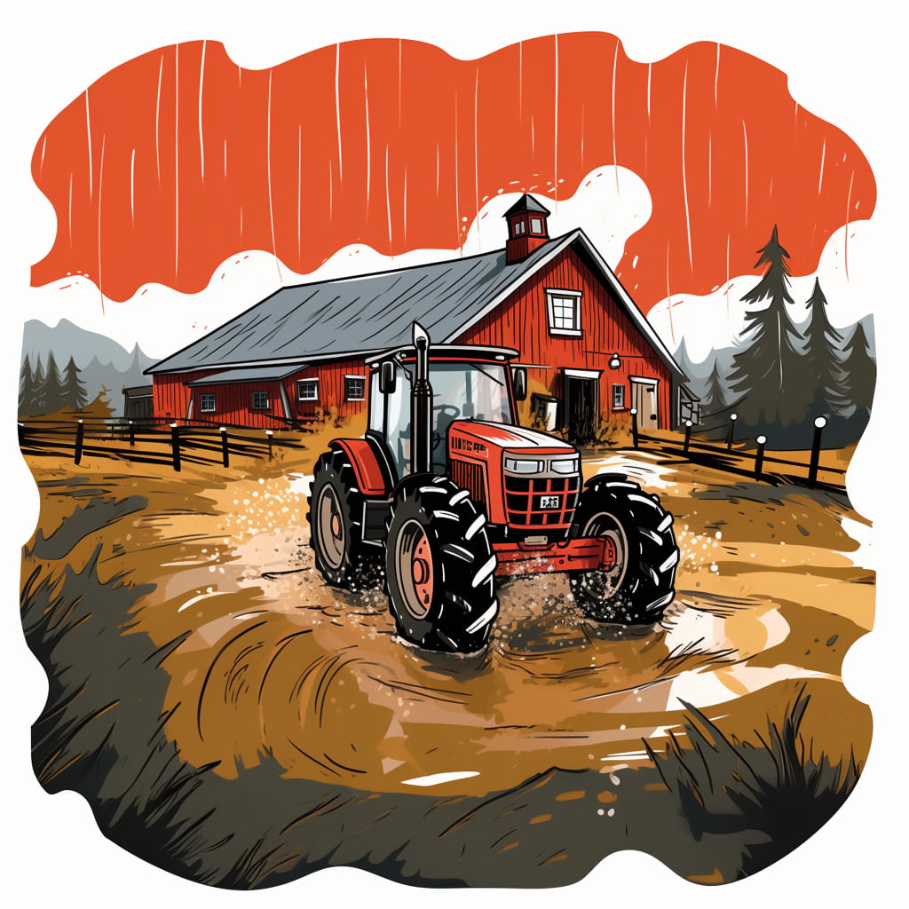 tractor in the mud in front of barn