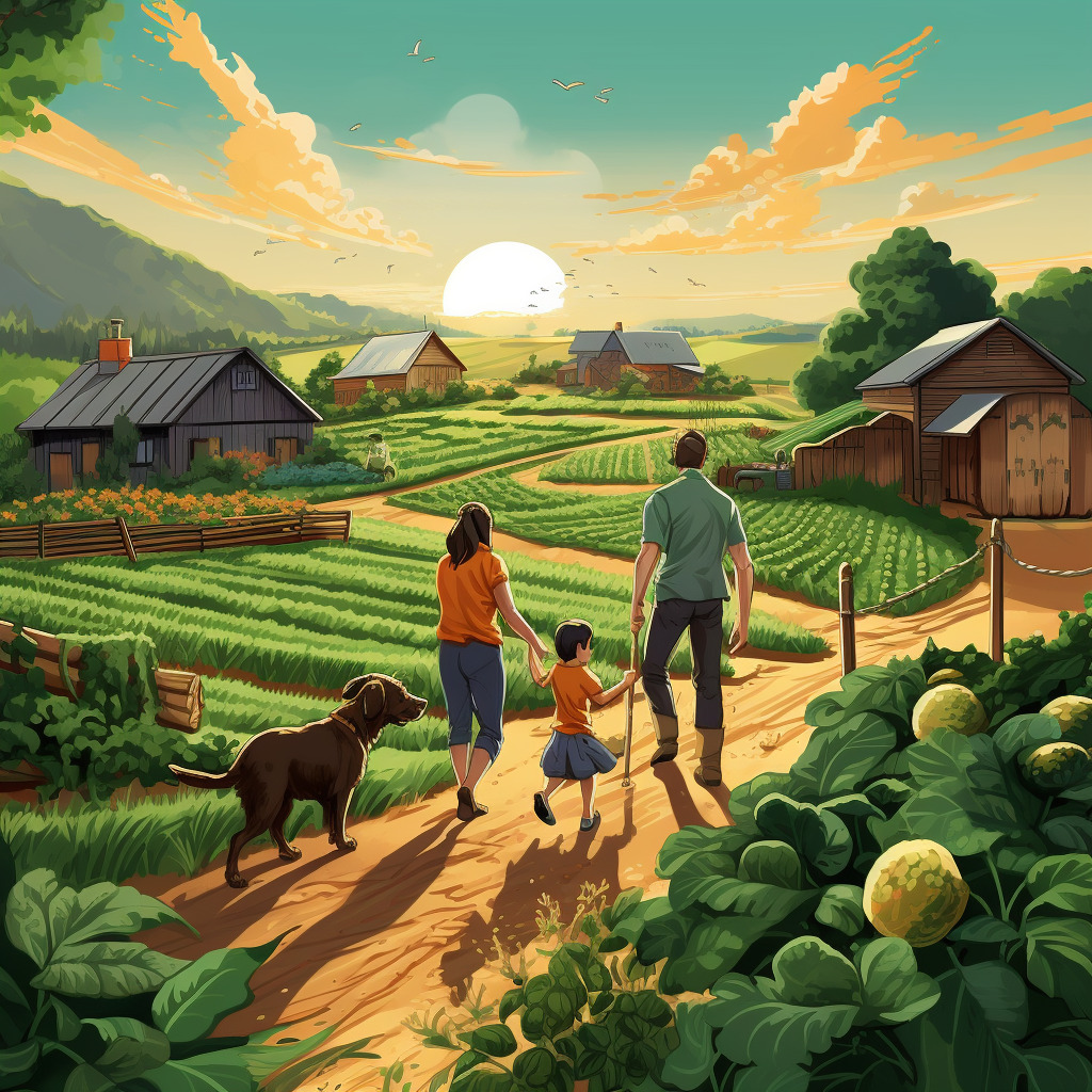 a family walking toward their farmhouse as the sunsets